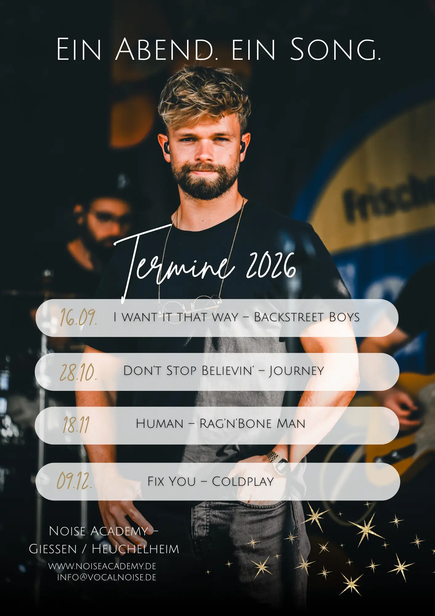 Ein Abend. Ein Song. – Mitsing-Abende der Noise Academy Heuchelheim bei Gießen, Termine 2026 mit Songs von Backstreet Boys, Journey, Rag'n'Bone Man und Coldplay