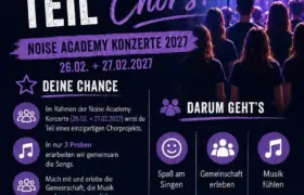 Flyer Chorprojekt der Noise Academy: Werde Teil unseres Chors! 3 Proben, Konzerte am 26. und 27.02.2027, Leitung Eva Schäfer, 60 Euro inkl. Konzerteintritt